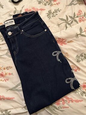 Women's Dark Blue Embellished Straight Jeans